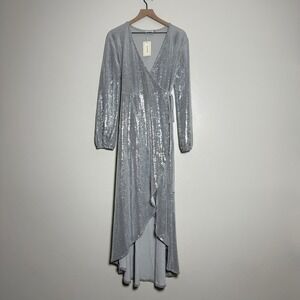 Flounce London NEW Womens‎ Wrap Maxi Dress 12 Silver Sequins Hi Lo Event